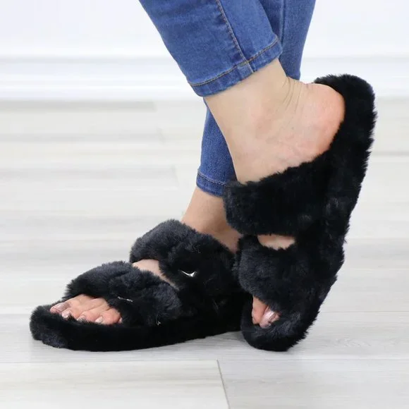 Black Puff Fuzzy Fluffy Slip On Plush Slippers Double Strap - Picture 13 of 15